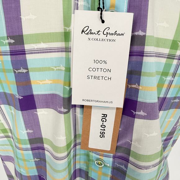 Robert Graham Button Front Short Sleeve Shirt ECUADOR Shark Print Purple Green M - Picture 10 of 10